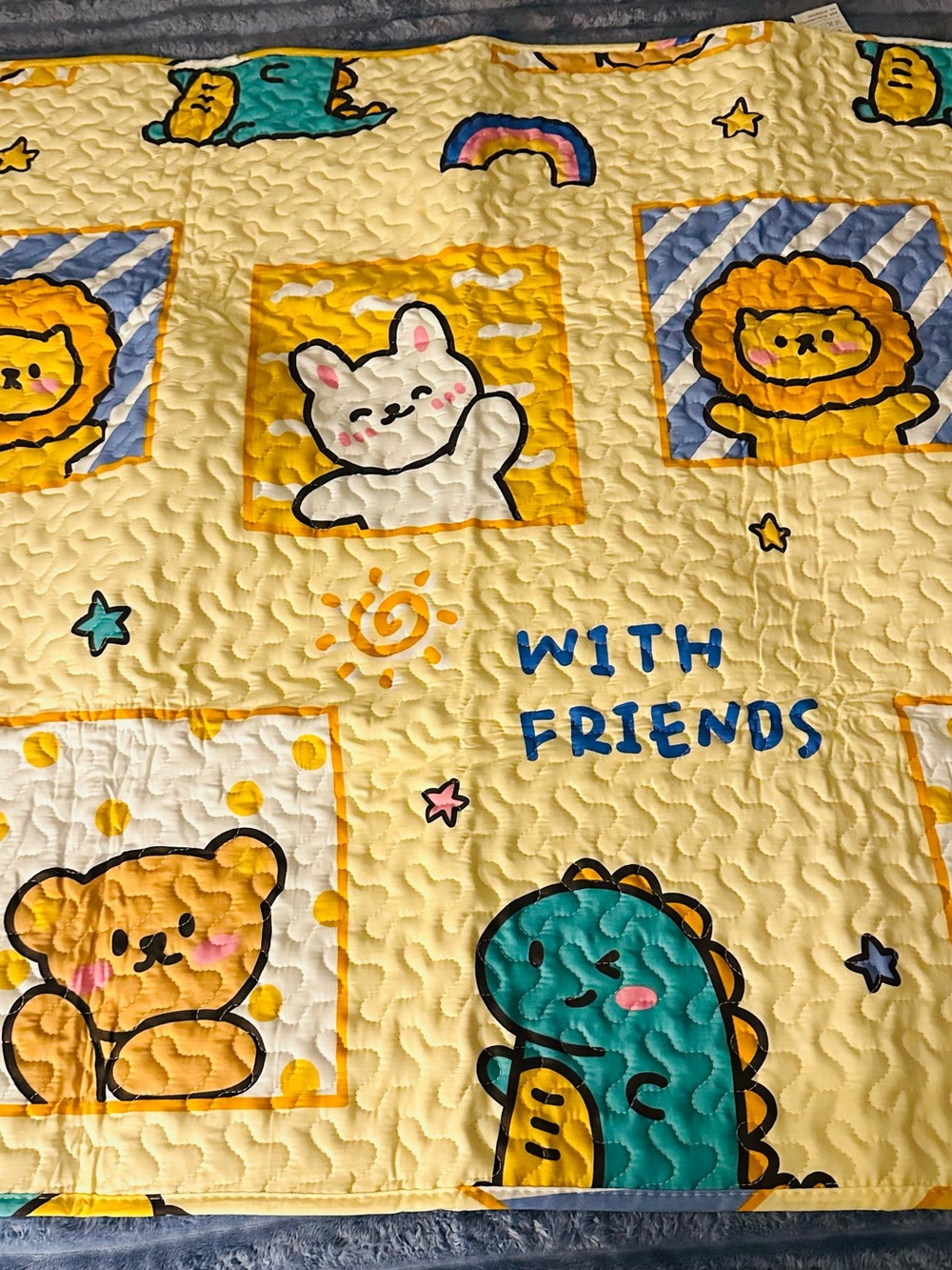 Yellow Quilted Kids Blanket - With Friends Cartoon Design baby blanket